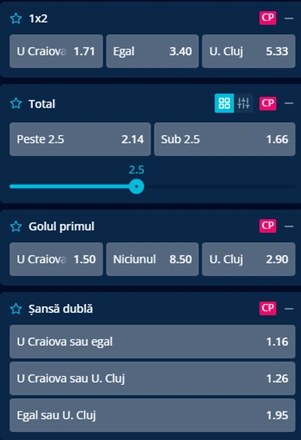 Cote pariuri Universitatea Craiova vs U Cluj la Mr Bit
