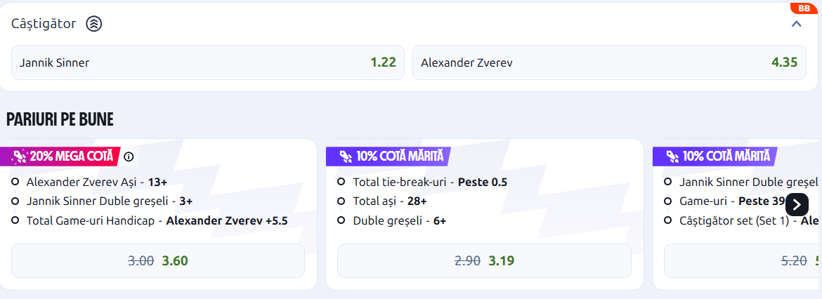 Cote pariuri la Betano  Jannik Sinner vs Alexander Zverev, italianul vine după nouă victorii la rând în fața neamțului și e favorit în finala Wimbledon 2026