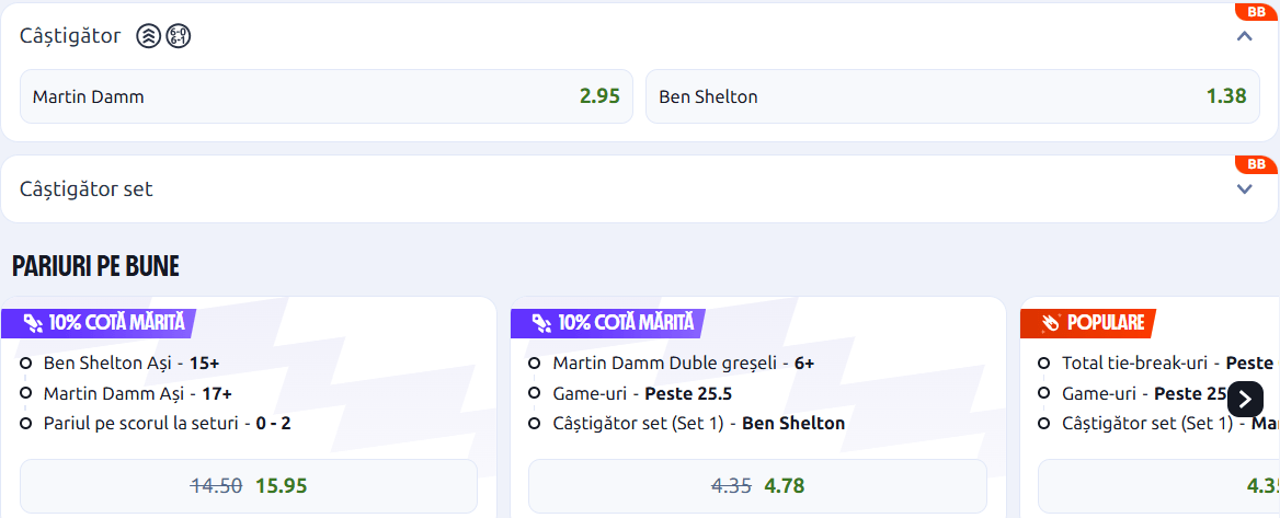 Cote pariuri la Betano | Martin Damm vs Ben Shelton, cel din urmă dintre americani are statut de favorit pe asfaltul de la Washington Open 2026