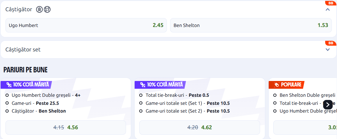 Cote pariuri la Betano  Ugo Humbert vs Ben Shelton, americanul pornește cu prima șansă la Washington Open 2026, dar va înfrunta un adversar pe măsură