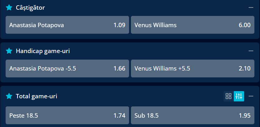 Cote pariuri la Mr Bit  Anastasia Potapova vs Venus Williams, diferență mare ”pe hârtie”, dar americanca poate oferi o replică pe măsură la Washington Open