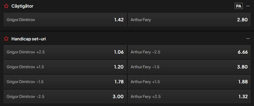 Cote pariuri la TopBet  Grigor Dimitrov vs Arthur Fery, plus colosal de experiență la nivel de Grand Slam-uri pentru sportivul bulgar