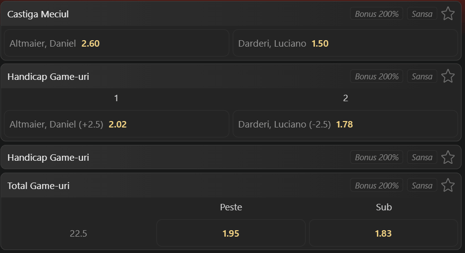 Cote pariuri la WinBet  Daniel Altmaier vs Luciano Darderi, italianul pornește cu prima șansă, dar neamțul e un adversar dificil pe zgura de la Bastad Open