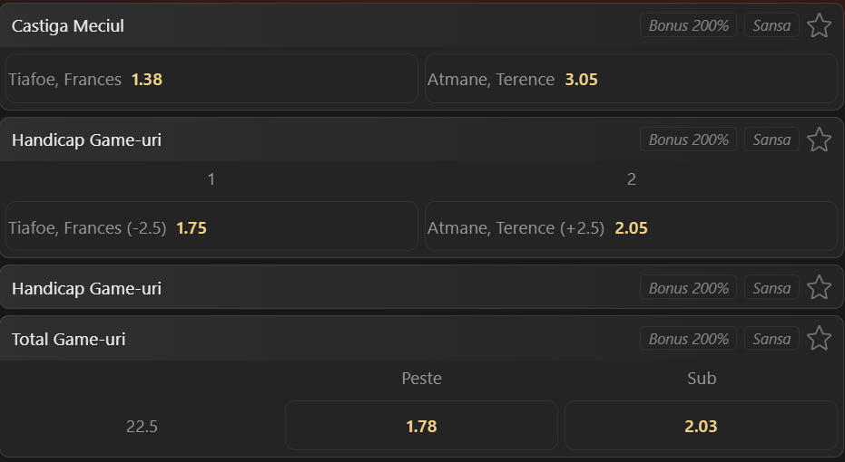 Cote pariuri la WinBet  Frances Tiafoe vs Terence Atmane, americanul pornește cu prima șansă la Washington Open, dar francezul i-a tot ”furat” seturi în 2026