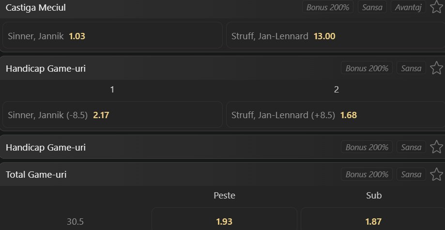 Cote pariuri la WinBet  Jannik Sinner vs Jan-Lennard Struff, italianul pare a avea drum liber spre penultimul act de la Wimbledon 2026