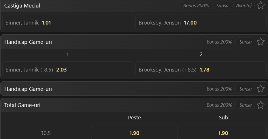 Cote pariuri la WinBet Jannik Sinner vs Jenson Brooksby, italianul pornește clar cu prima șansă la Wimbledon