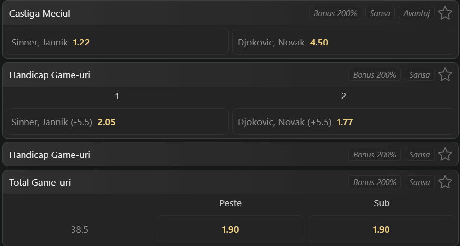 Cote pariuri la WinBet  Jannik Sinner vs Novak Djokovic, italianul pornește din postura de mare favorit la Wimbledon 2026, dar ar putea fi surprins