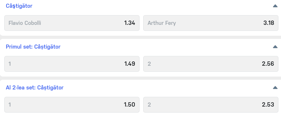 Cote pariuri la Winner  Flavio Cobolli vs Arthur Fery, plusul de experiență al italianului îi conferă acestuia statutul de favorit la Wimbledon 2026
