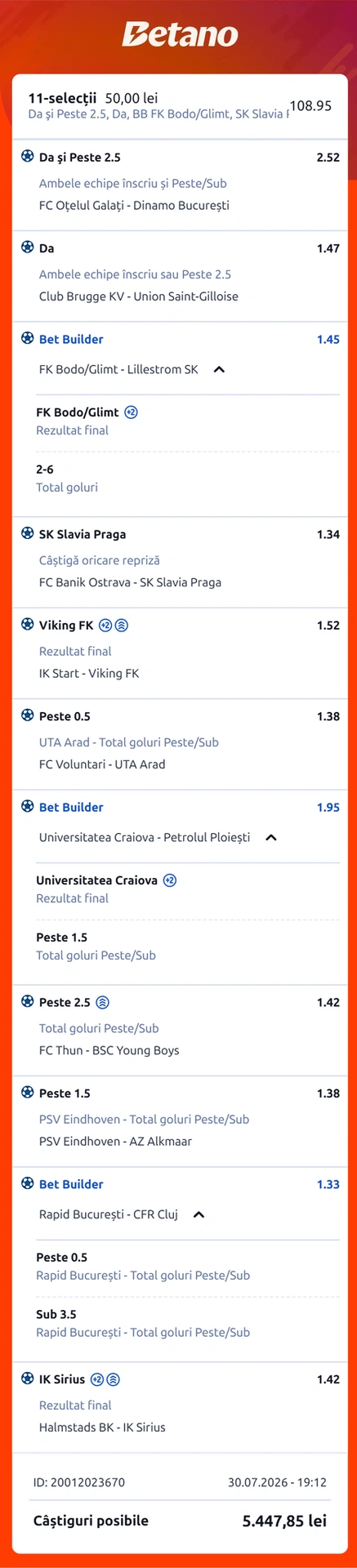 Biletul zilei din fotbal la Betano 31 iulie 2026