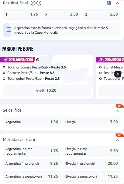 Cote pariuri Argentina - Elveția de la Betano