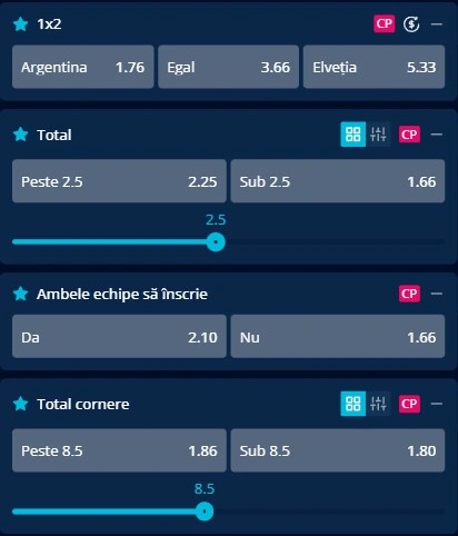 Cote pariuri Argentina - Elveția la Mr Bit