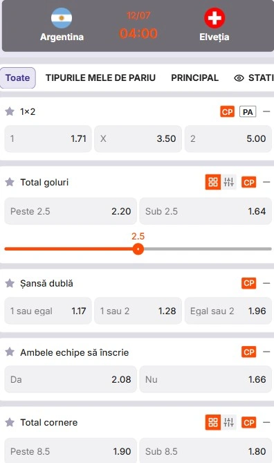 Cote pariuri Argentina - Elveția oferite de Zinx