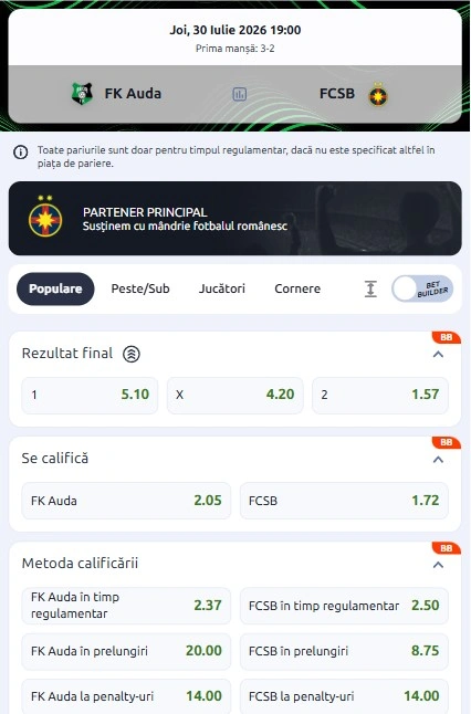 Cote pariuri Auda - FCSB de la Betano