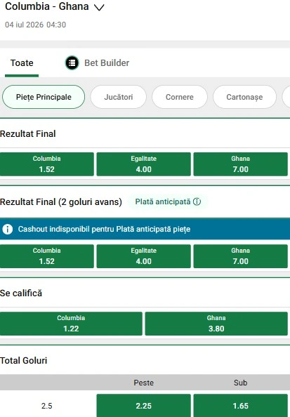 Cote pariuri Columbia vs Ghana la Unibet