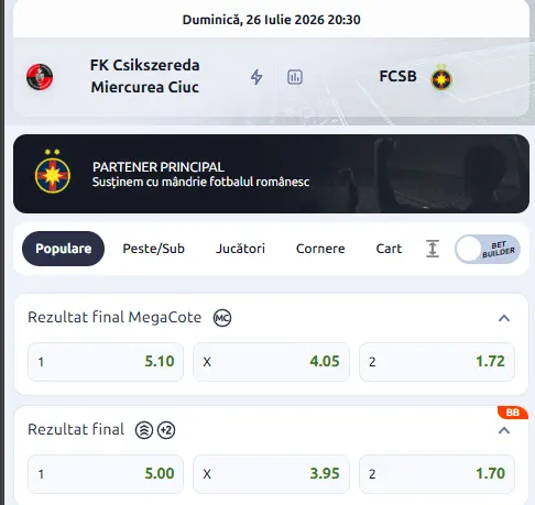 Cote pariuri Csikszereda vs FCSB la Betano