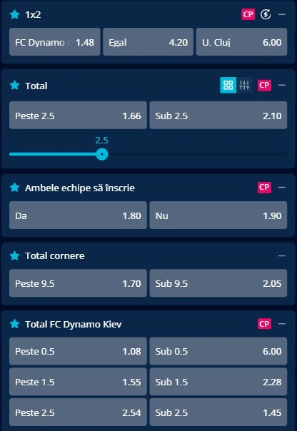 Cote pariuri Dynamo Kiev vs U Cluj de la Mr Bit