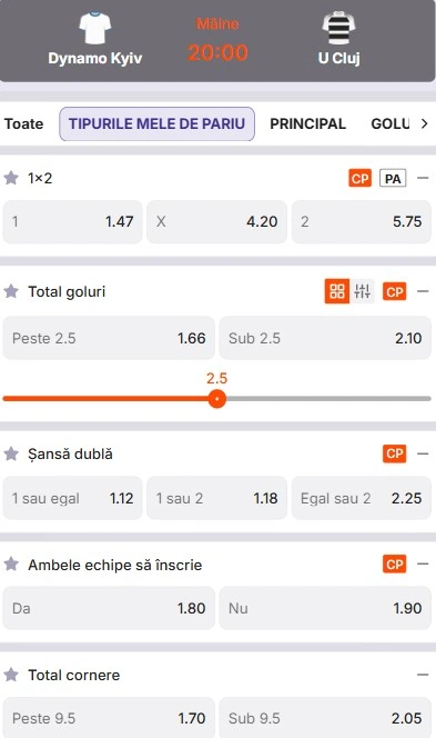 Cote pariuri Dynamo Kiev vs U Cluj la Zinx