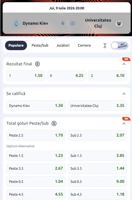 Cote pariuri Dynamo Kiev vs U Cluj oferite de Betano