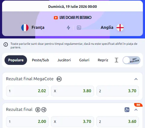 Cote pariuri Franța - Anglia la Betano
