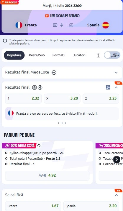 Cote pariuri Franța vs Spania oferite de Betano