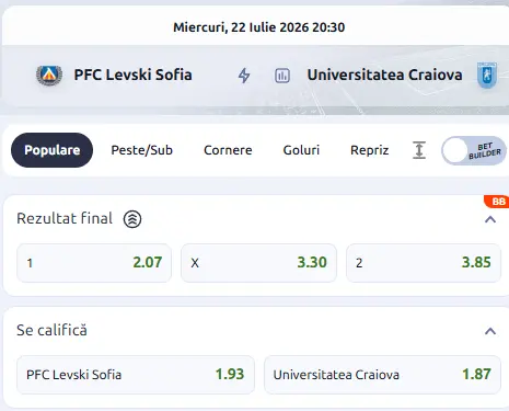 Cote pariuri Levski - Universitatea Craiova la Betano