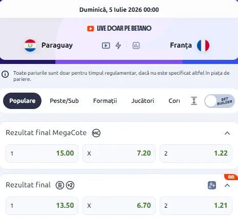 Cote pariuri Paraguay - Franța oferite de Betano