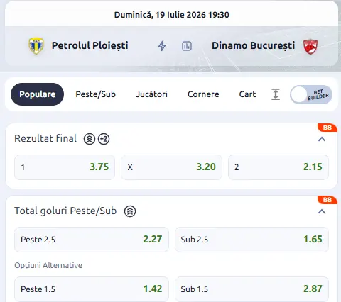Cote pariuri Petrolul Ploiești - Dinamo București la Betano