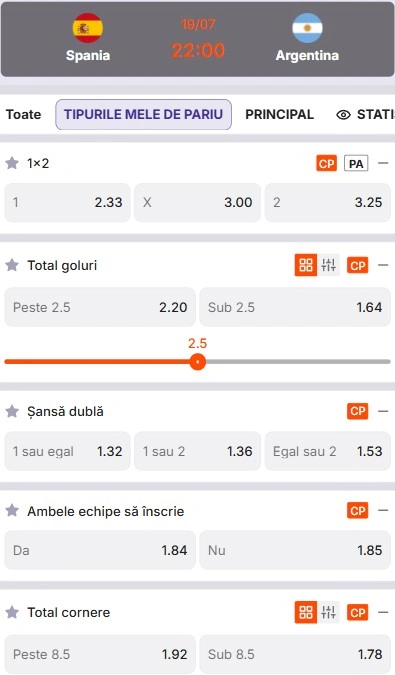 Cote pariuri Spania - Argentina oferite de Zinx