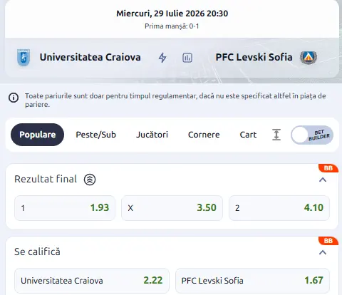 Cote pariuri Universitatea Craiova - Levski la Betano