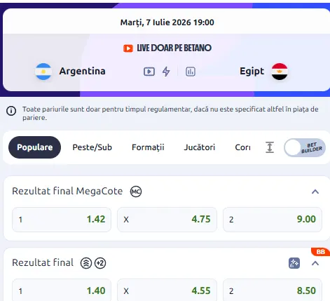 Cotele la pariuri în Argentina - Egipt, la Betano