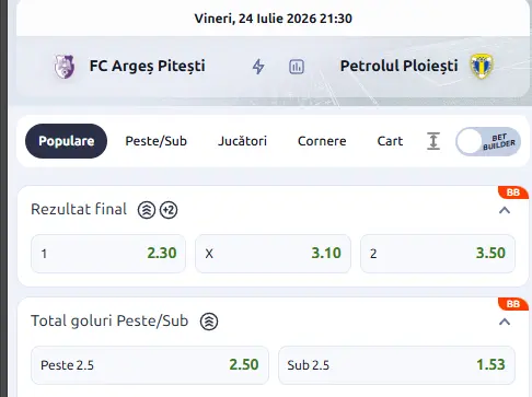 Cotele la pariuri în FC Argeș - Petrolul Ploiești acordate de Betano