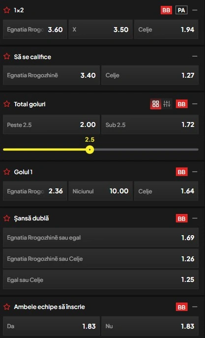 Cote pariuri Egnatia vs Celje