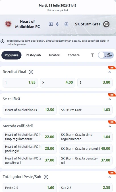 Cote pariuri Hearts vs Sturm Graz