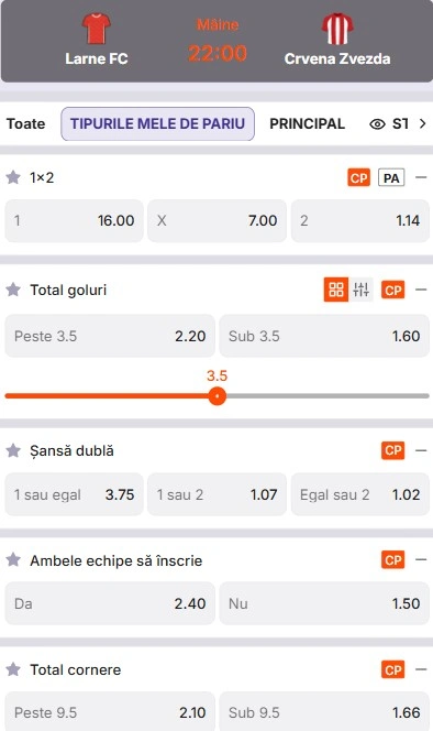 Cote pariuri Larne vs Steaua Roșie