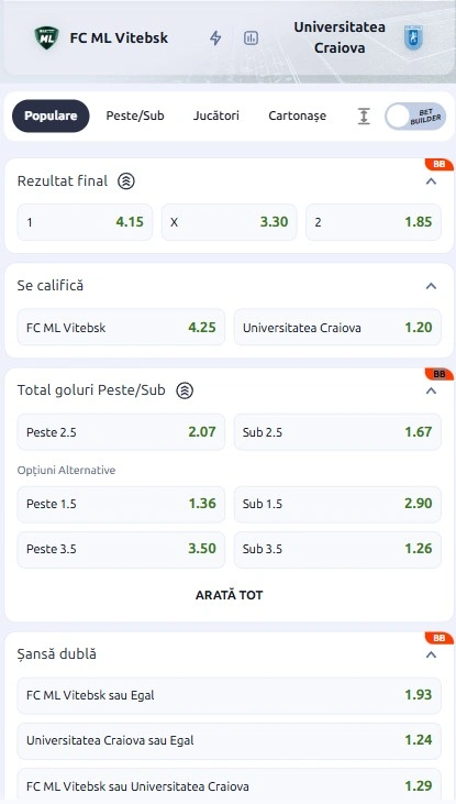 Cote pariuri ML Vitebsk vs Universitatea Craiova