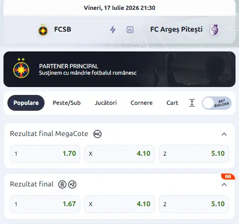 Oferta de cote pariuri FCSB vs FC Argeș la Betano