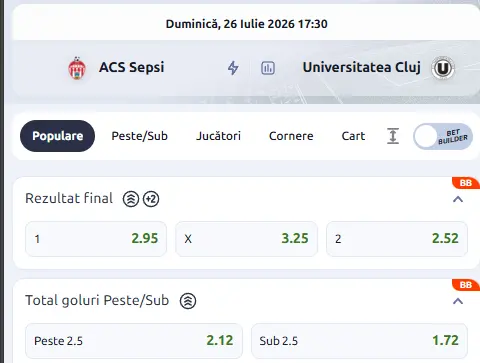 Oferta de cote pariuri Sepsi - U Cluj la Betano