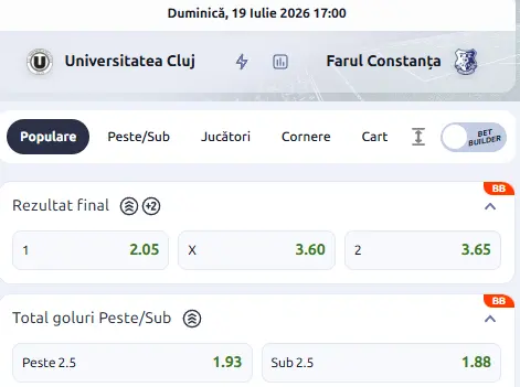 Oferta de cote pariuri U Cluj vs Farul Constanța la Betano