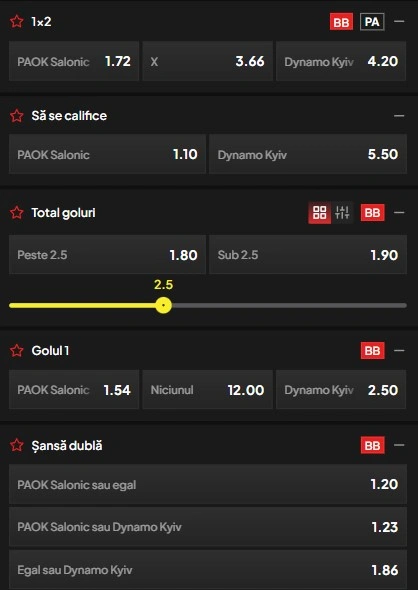 Cote pariuri PAOK vs Dynamo Kiev