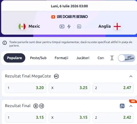 Vezi cum arată cotele în Mexic - Anglia la Betano