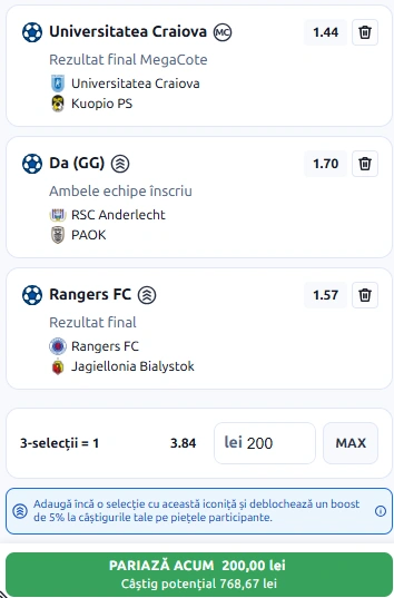 Biletul Zilei din preliminariile Europa League 13.08.2026