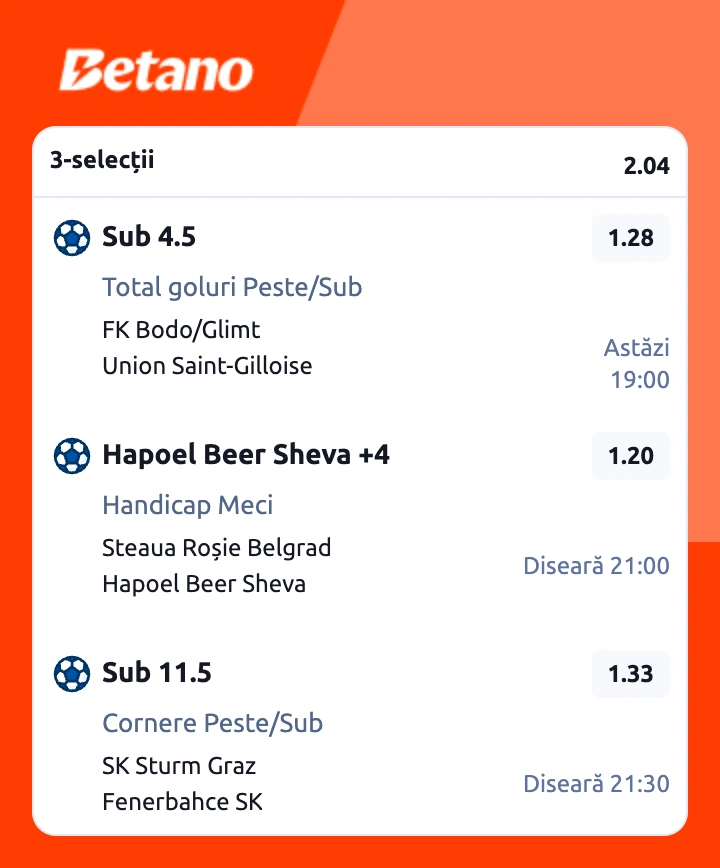 Biletul zilei la Betano din fotbal, 11 august 2026. Trei pariuri propuse pentru seara de Champions League