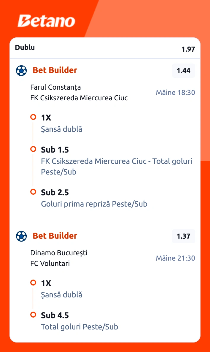 Biletul zilei la Betano pe 2 jocuri din Superligă, 8 august 2026