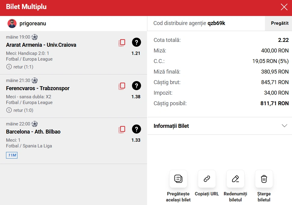 Biletul zilei la Casa Pariurilor pe Europa League și LaLiga, 27 august 2026