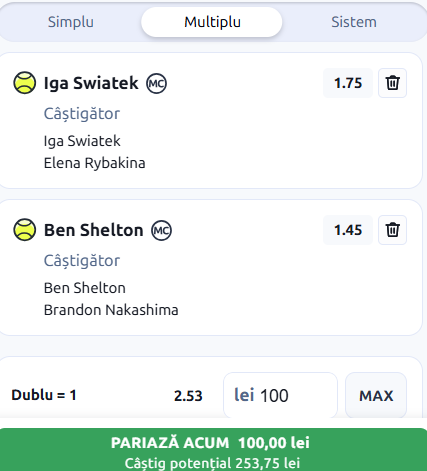 Biletul zilei tenis 14 august 2026 la Betano