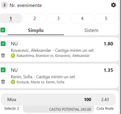 Biletul zilei tenis 16 august 2026