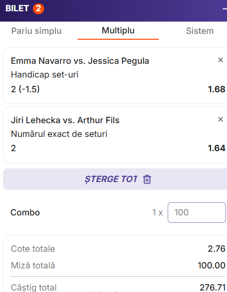 Biletul zilei tenis 17 august 2026 la Zinx