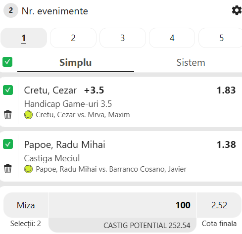 Biletul zilei tenis 19 august 2026