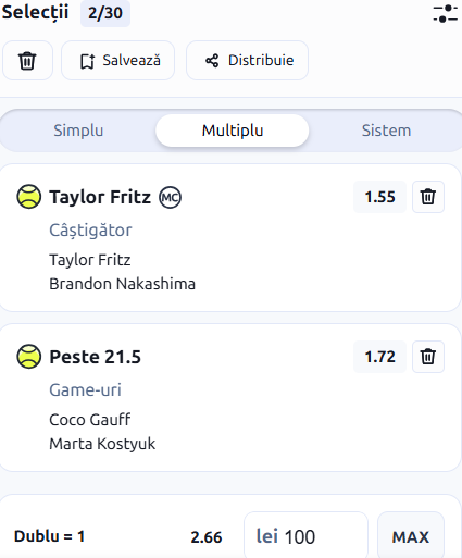 Biletul zilei tenis 21 august 2026