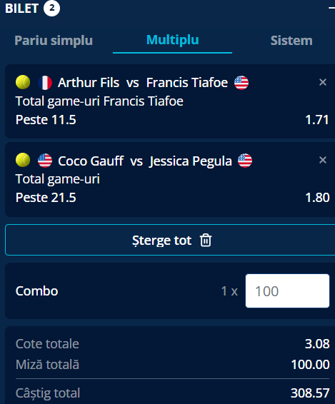 Biletul zilei tenis 23 august 2026